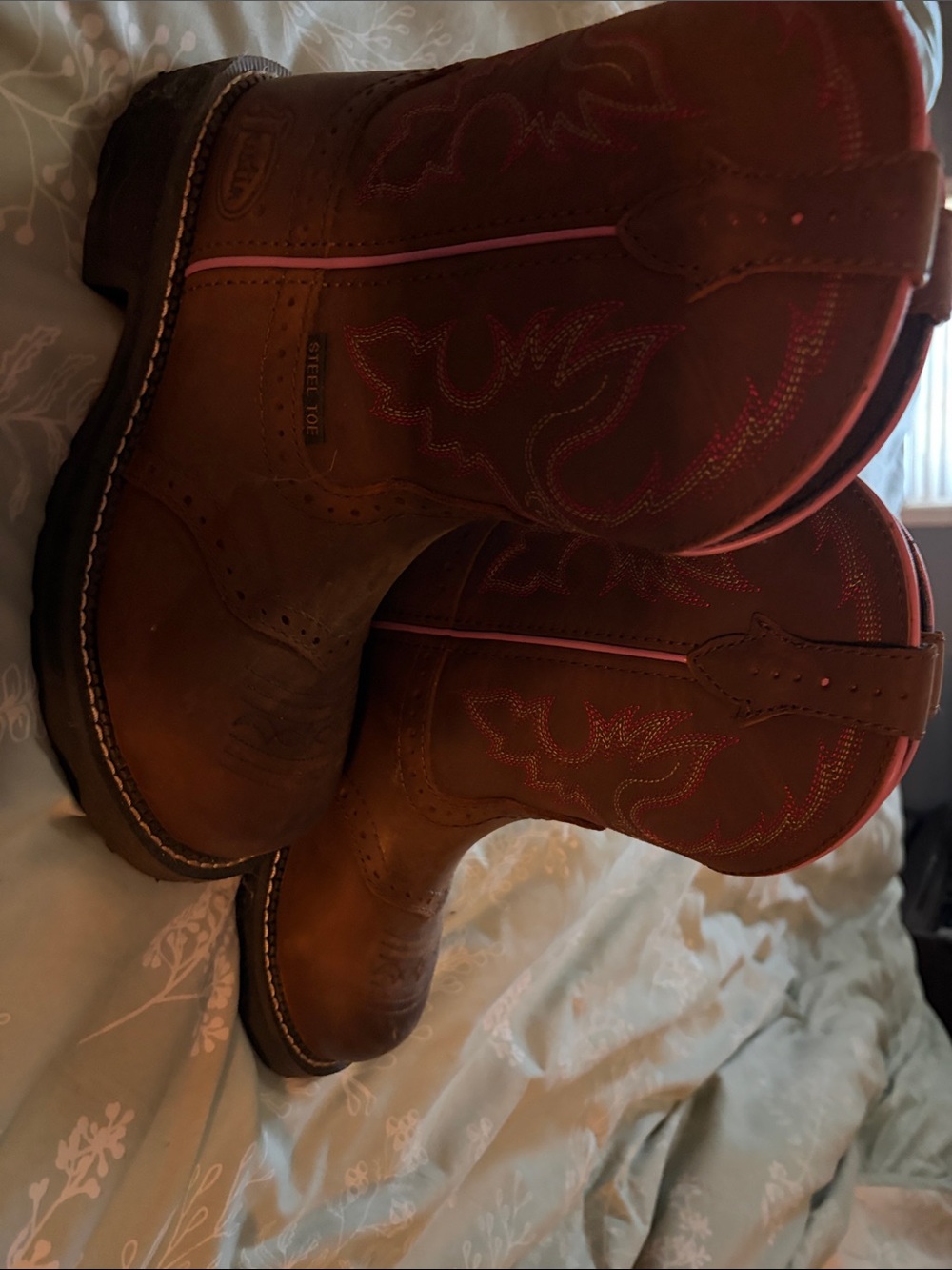 Justin Boots Brown Ankle Western Booties with Pink Stitching
